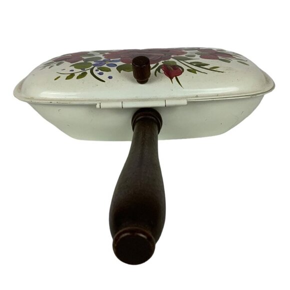 Vintage Toleware Silent Butler Crumb Catcher with Lid Wooden Handle Red Roses - Picture 4 of 7
